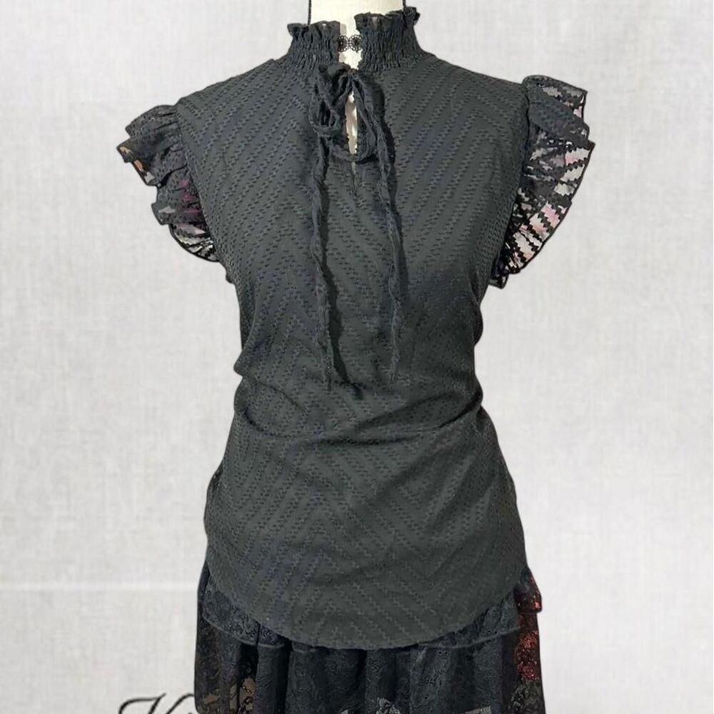 Goth Vampy Style High Neck Trim Ruffle Sleeve Tie Front Blouse